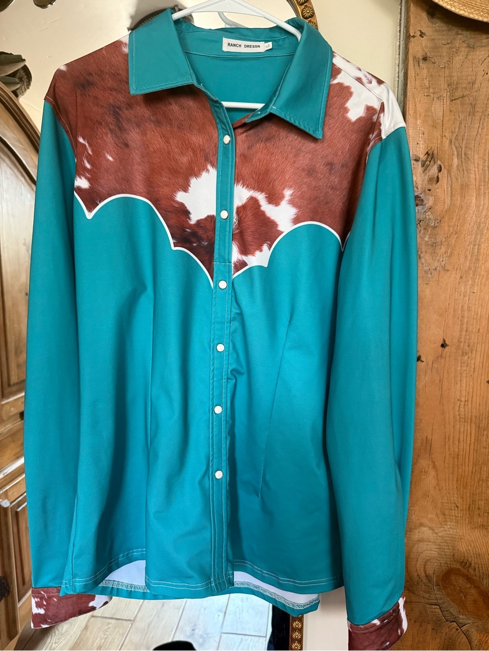 Ranch Dressin Teal Western Blouse with Cowhide Yoke